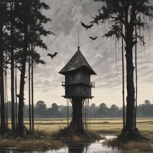 Mystical Black and Gray Treehouse Art Print